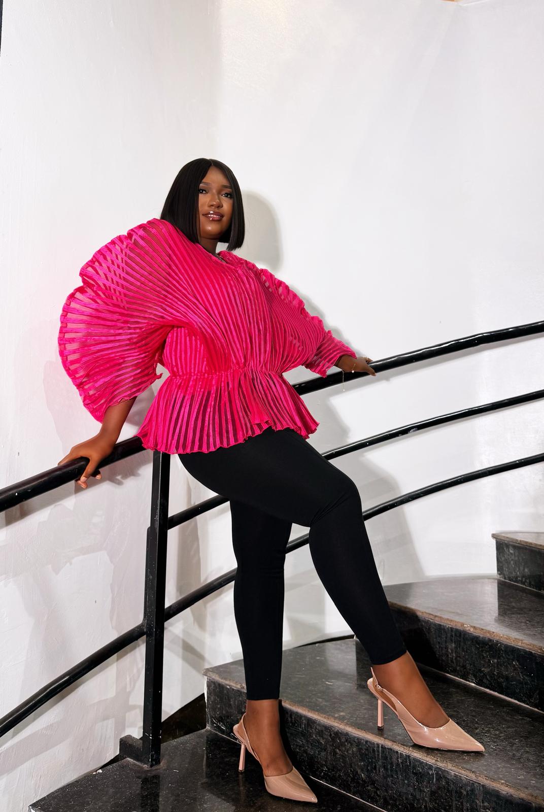 The Fuchsia Plissé Fan-Sleeve Peplum