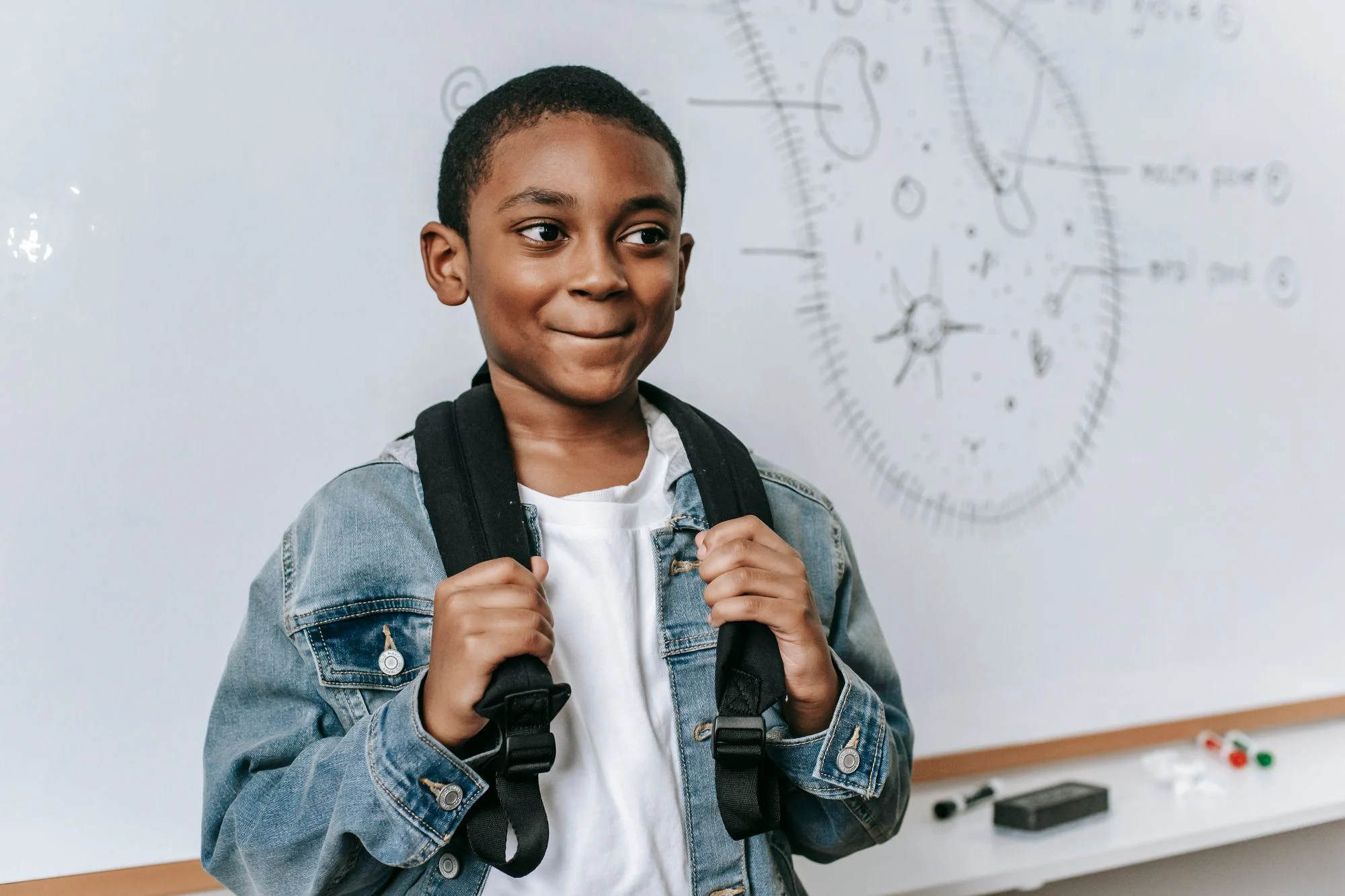 Boy with a school backpack in a classroom
